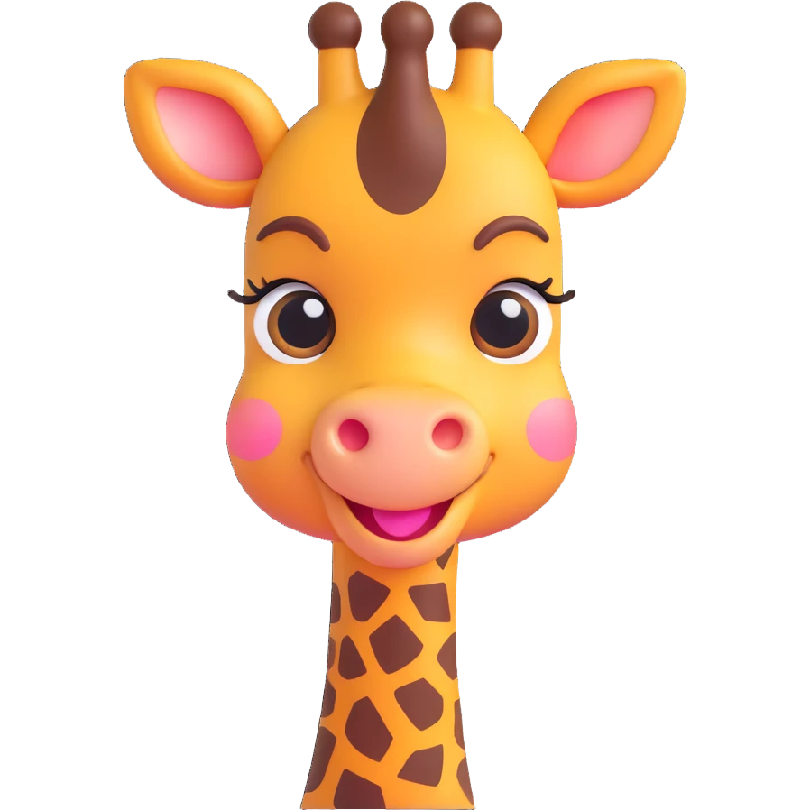 An adorable, blushing giraffe emoji with big, sparkly eyes, a shy smile, and exaggerated rosy cheeks. The design should be ultra-cute, with a rounded face and tiny features. Ideal for 'aww' or 'thanks' reactions in chat. emoji