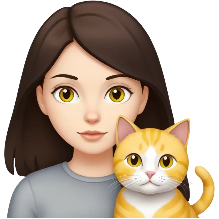 white girl wirh dark brown hair with 2 yellow cats and one light grey cat emoji