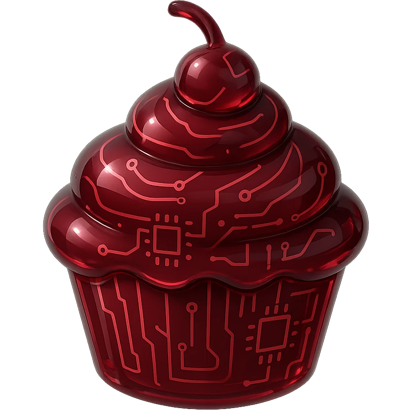 Gothic cupcake in glossy circuit style with burgundy color, no background. emoji