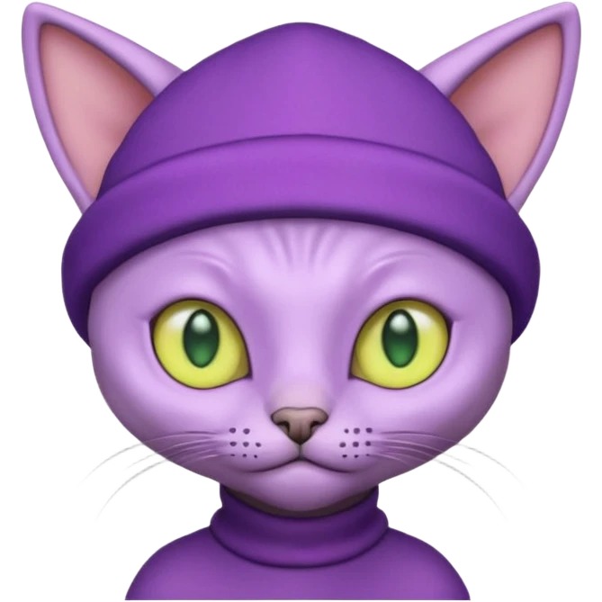 purple alien cat with no fur and yellow hat emoji
