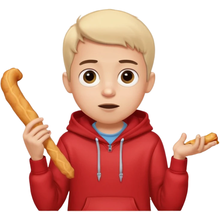 ute funny Spanish cartoon boy named Peque Tito, red hoodie, denim shorts, big expressive eyes, holding a churro, Pixar-style, viral character.” emoji