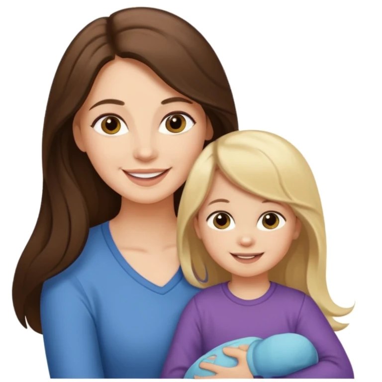 Brunette lady with toddler little girl with long brown hair and 1 year old boy with blonde hair emoji