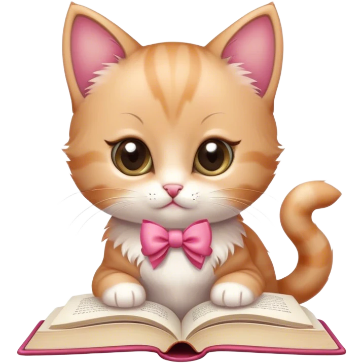 a cute kitten with a bow reading a romance book emoji