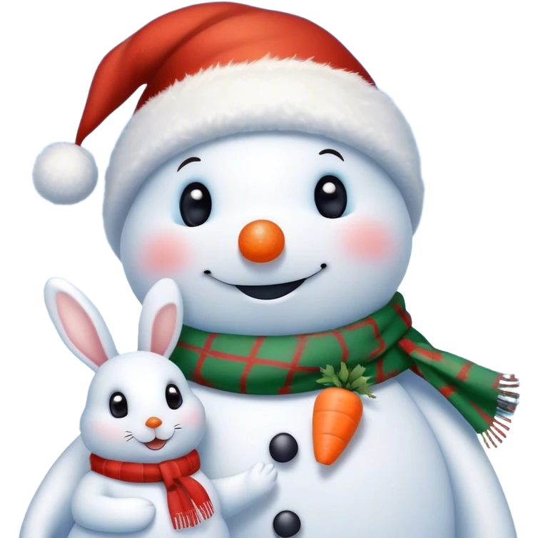 The detailed digital illustration shows a snowman in a Christmas hat and scarf. The snowman is depicted in close-up. Next to it is a cute bunny who wants to depict a snowman and holds a carrot with his paws at the level of his nose, thereby demonstrating to the snowman that his nose looks like a snowman's nose. The snowman is joyful, looks lovingly at the mischievous bunny. Snowflakes are falling from the sky, the whole scene should have a soft and cozy winter aesthetic. The style of this illustration is the same as that of the famous artist Evgenia Gapchinskaya. emoji
