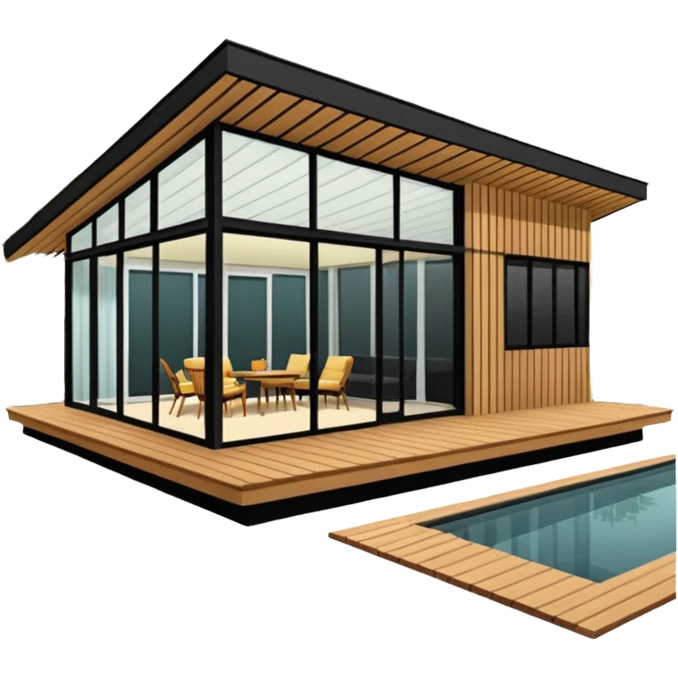 midcentury modern house with 1000 sqft and all windows and a sliding windows on corner. Single story. High ceilings, black and vertical wood slats for outside walls of home. Wood deck with complementary but different wood and shade from larger wood slats. With overhanging shade and slats. emoji