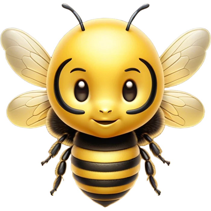 Cinematic Cute Bee Portrait Emoji, Head tilted playfully and inquisitively, featuring a delightfully small, fuzzy body with bright, shimmering eyes and adorable, delicate wings, Simplified yet irresistibly adorable features, highly detailed, glowing with a warm, inviting glow, high shine, affectionate and lively, stylized with a touch of whimsical honeyed charm, soft glowing outline, capturing the essence of a mischievous bee that seems as if it could buzz out of the screen into your arms! emoji