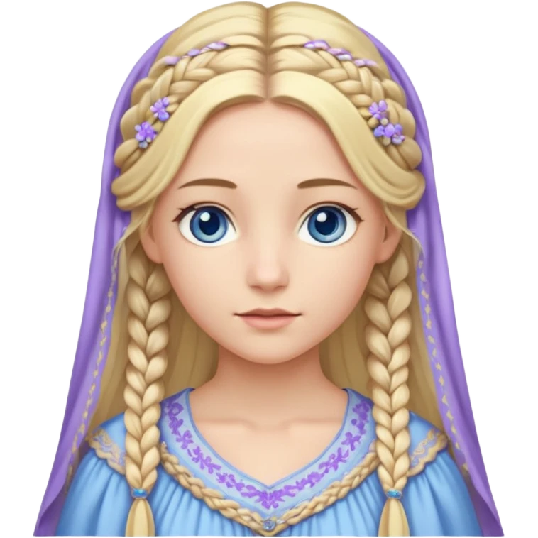 Joven de unos 30 años, de aspecto dulce, elegante.
Piel clara, ojos (pueden ser azules o verdes)
Rubio o castaño largo, con trenzas.
Vestido largo de tonos suaves (blanco, azul o lavanda), con bordados dorados; un manto o toca fina cubriendo la cabeza. Que se vea todo el cuerpo de pies a cabeza emoji
