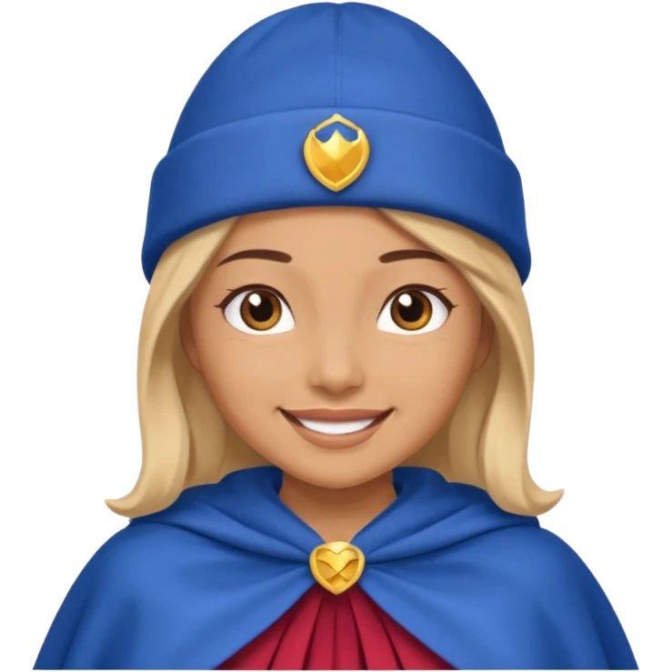 Female hero in blue beanie, cape flowing, smiling proudly.


































 emoji
