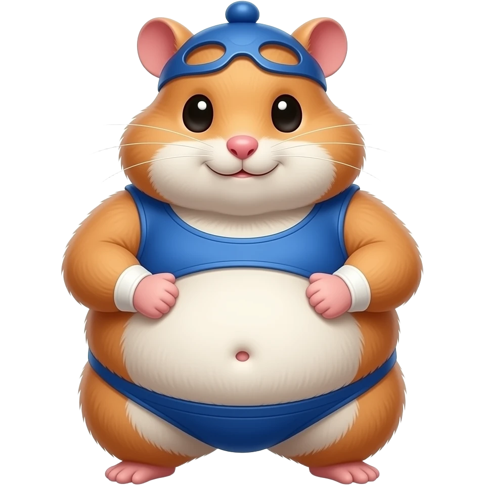 A cute female hamster,suited to be a sumo wrestler,she rubs her huge overstuffed stomach,a cute little bellybutton poking out of her fur,she is massively fat. emoji