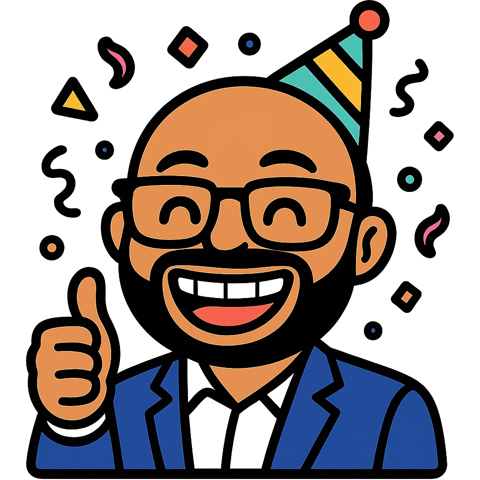 Create a funny celebration emoji version of the person in the photo. Exaggerate the smile and glasses, add party elements like confetti and a party hat, and include a playful hand gesture such as a thumbs up or peace sign. Keep the background transparent. emoji