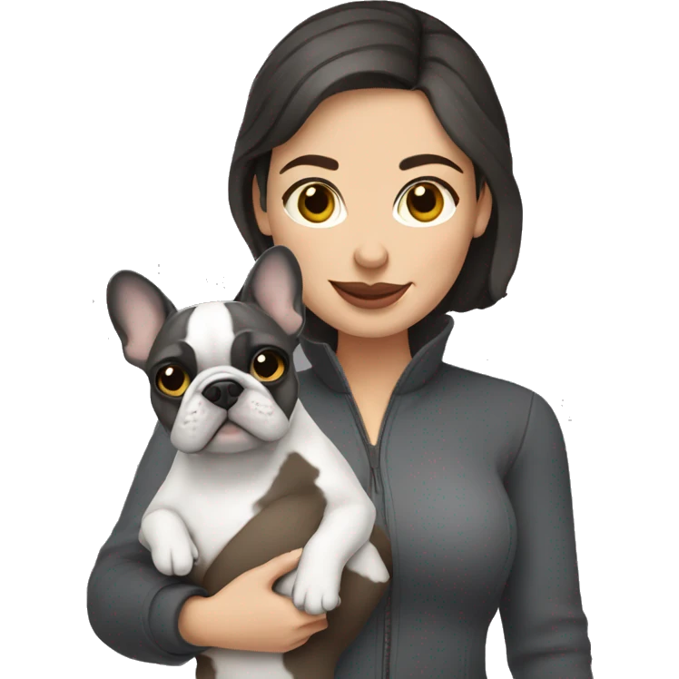 Brunette Woman holding grey French bulldog emoji