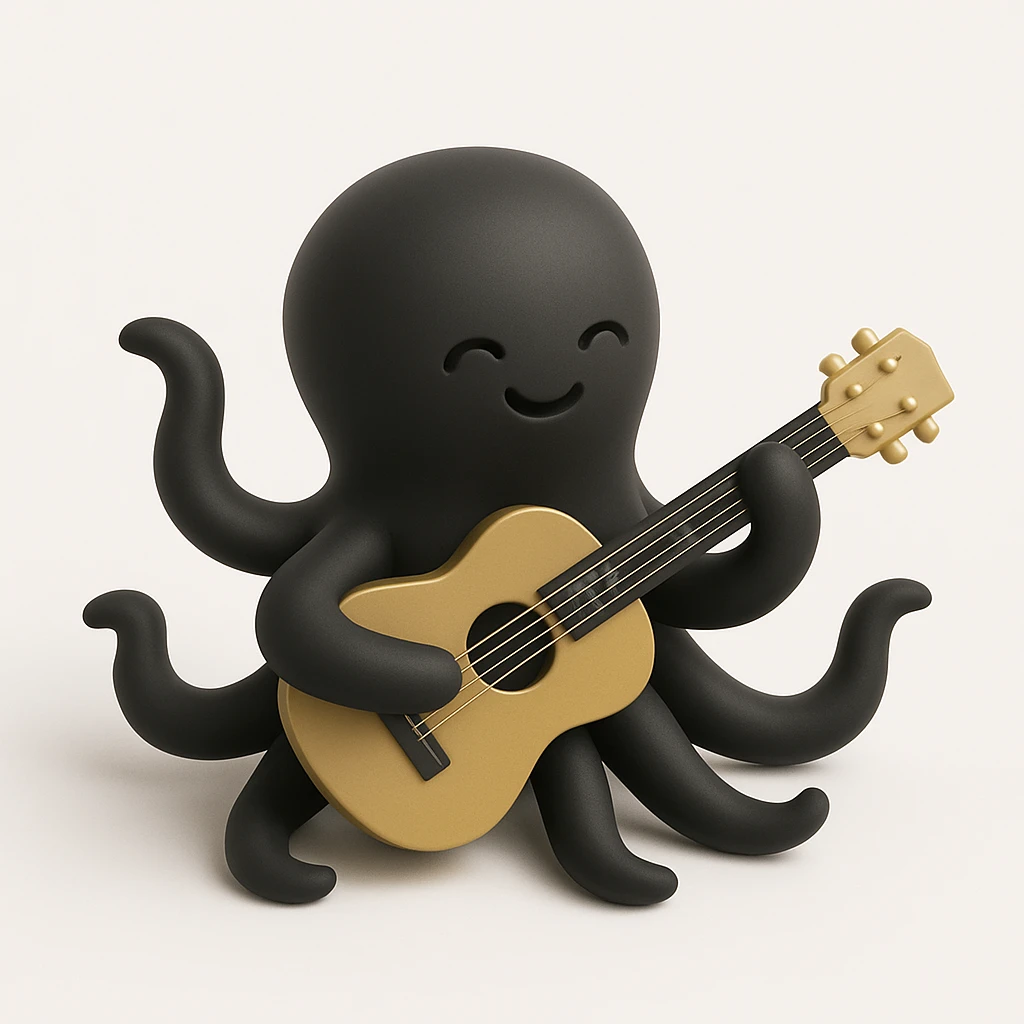 happy octopus with multiple arms playing guitar emoji