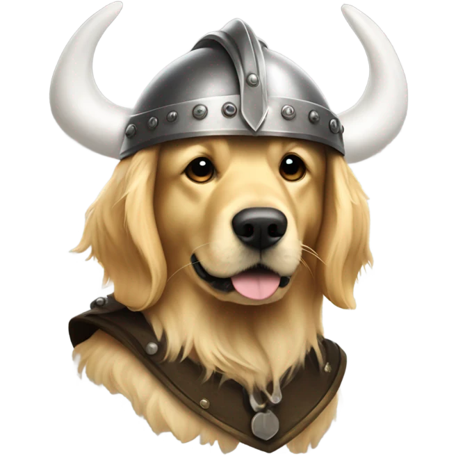 Golden retriever in dark Viking helmet with white horns emoji