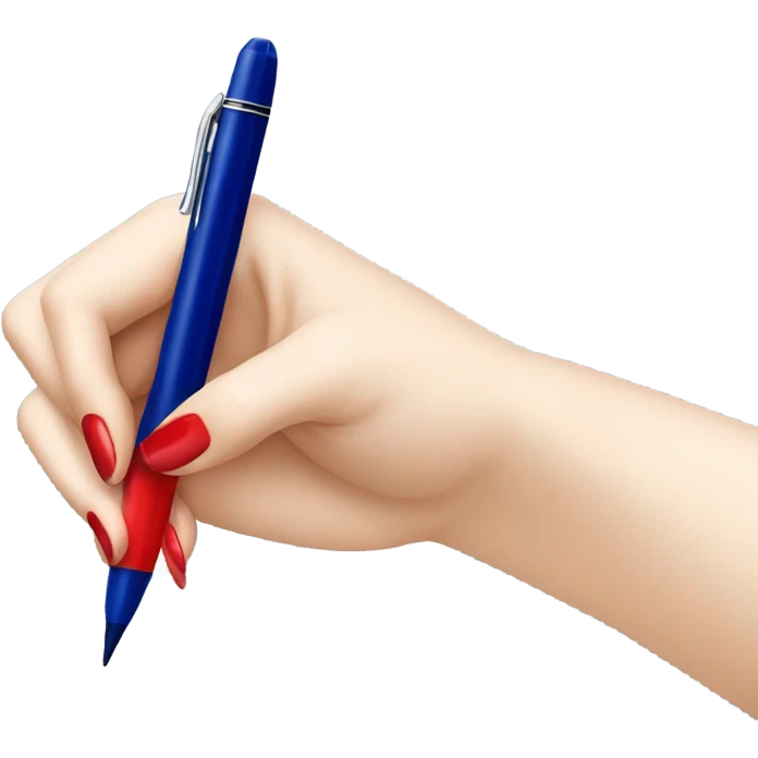 a hand with a red manicure writes with a dark blue pen emoji