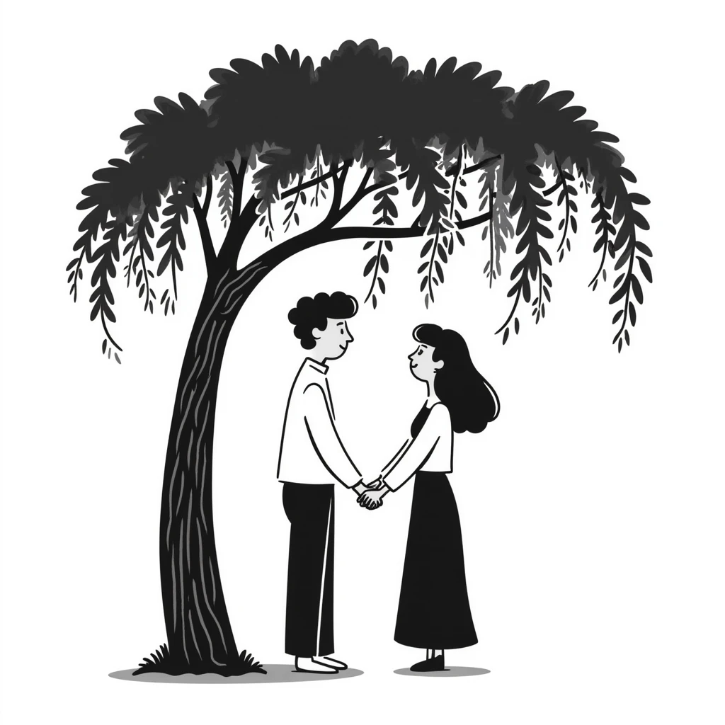 Hand-drawn romantic scene with two people holding hands under a tree emoji