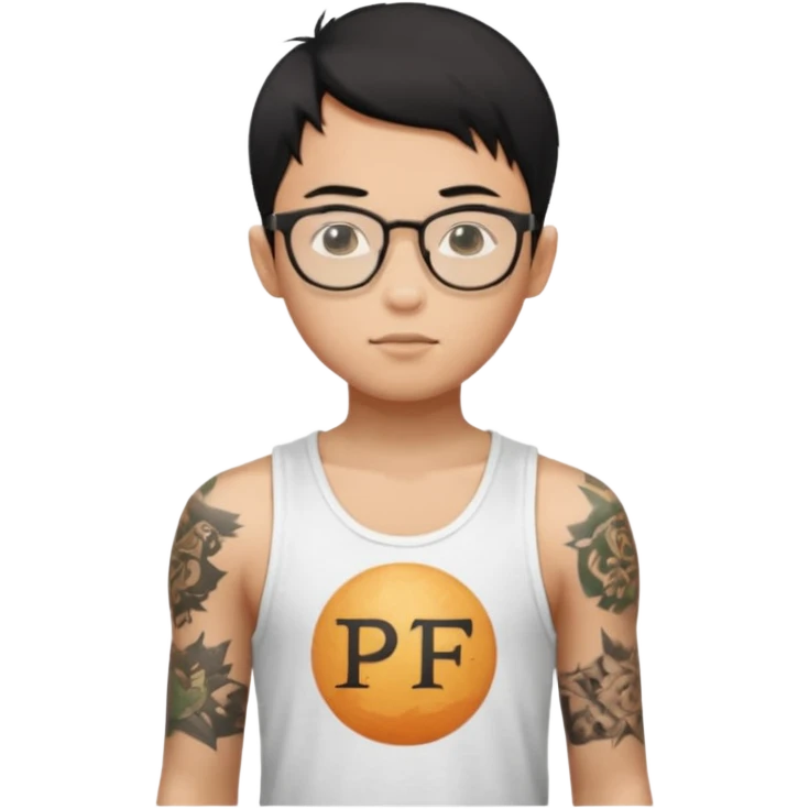 A young boy WITH A laptop, black straight short hair, wearing glasses, wearing a tanktop, has tattoos, he is asian

Add the letters "PIF" floating around him emoji