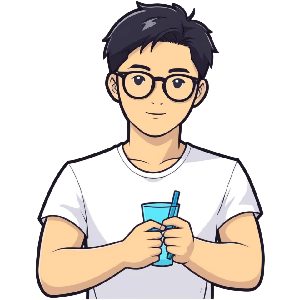 young handsome Asian man with black coffee colored hair, wearing white T-shirt, black framed glasses, holding glasses, very smart, cartoonish sticker style emoji