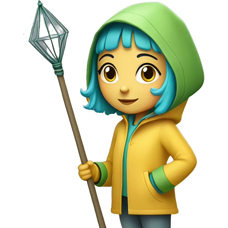 Cute little girl with light short blue hair with peach skin, with yellow raincoat hidden with green boots holding a staff emoji