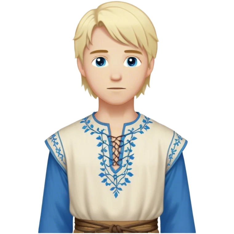 medieval spring outfit worn by a DnD themed fantasy male character. soft cotton tunic with a laced-up neckline and subtle floral embroidery. clothes only above the waist. The clothes full waist. The character's haven't arms. character is white-skinned, blonde hair, blue eyes, medium-length straight hair. emoji