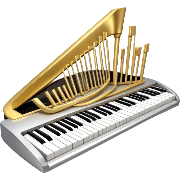 Create an elegant and festive emoji collage representing keyboard instruments, styled like a heraldic emblem. The design should feature a central focal point of black and white piano keys, arranged in a semi-circular or shield-like shape. Around the piano keys, add intertwining musical notes that form flowing ribbons, creating a dynamic and celebratory atmosphere. The design should be professional, with polished silver and gold accents on the keys and notes, highlighting the luxury and sophistication of the instruments. Add subtle shading and lighting effects to give the design a refined, 3D appearance. The background should remain transparent, and the overall feel should evoke grandeur, artistry, and a sense of celebration. emoji