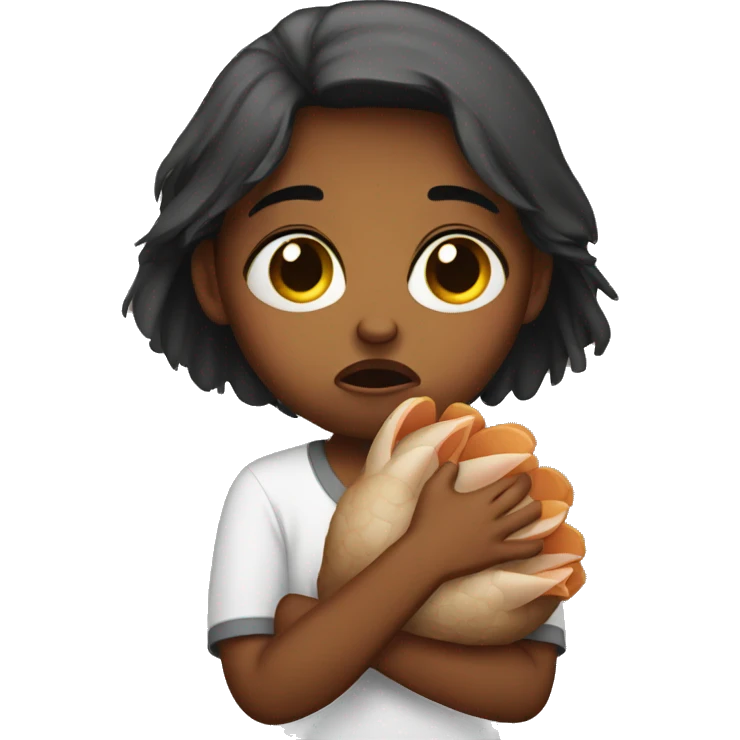 sad crying girl holding a turkey emoji