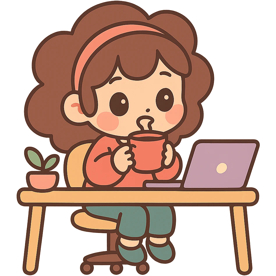 chibi girl sitting at her desk, sipping coffee, cute and cozy, pastel colors, warm atmosphere emoji
