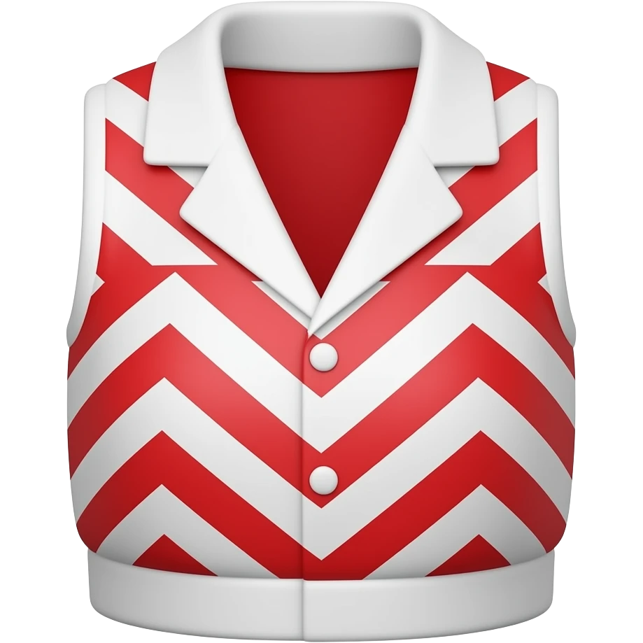 Isolated red off-shoulder sleeveless vest with white collar, bright red color, white diagonal chevron stripes pattern on the body, small white lapels, white trim at the bottom, cute cartoon style, clean 3D render, , front view centered, emoji