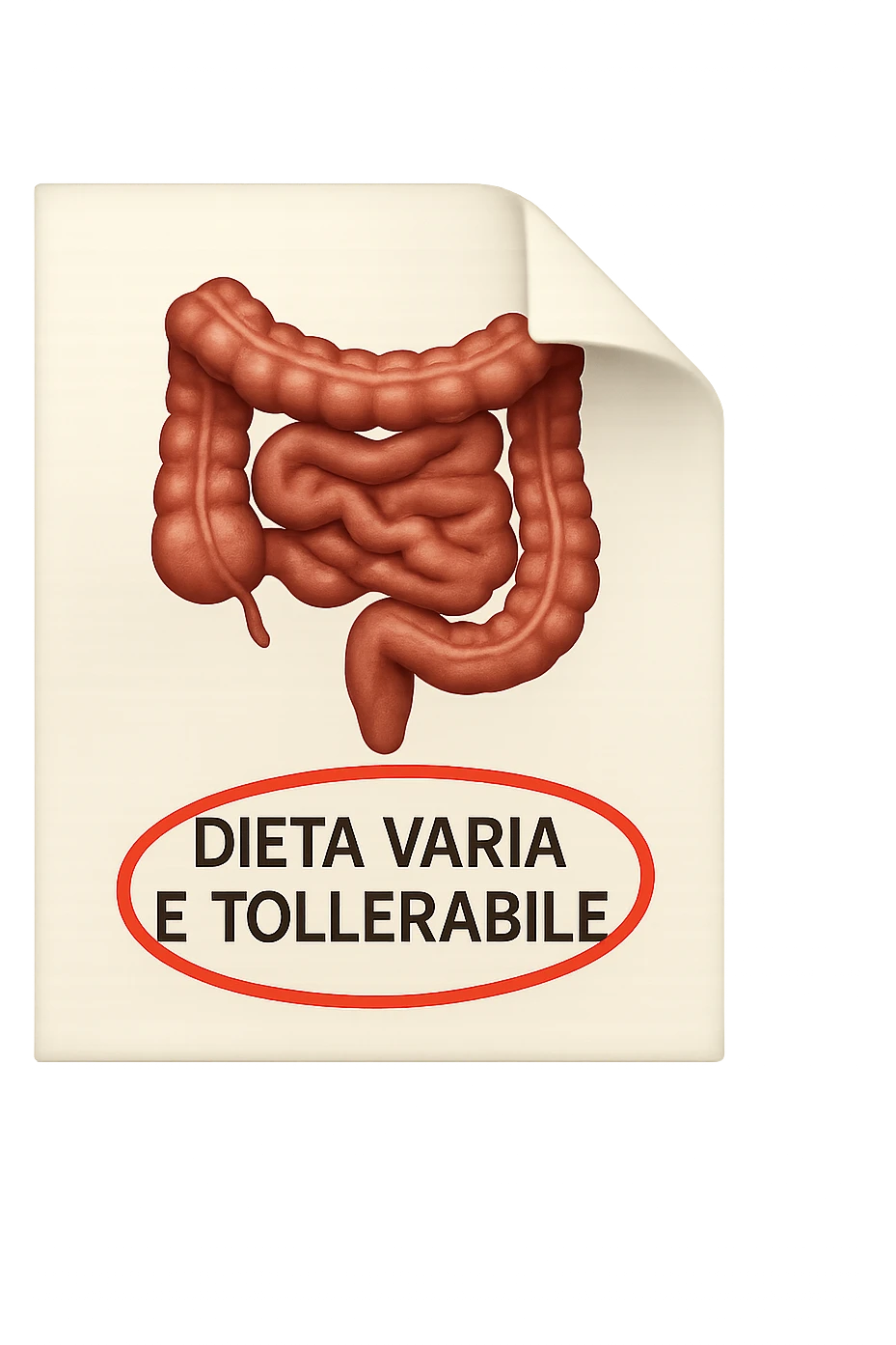 emoji stile iphone di un foglio con un INTESTINO disegnatO sopra e la scritta "DIETA VARIA E TOLLERABILE" CERCHIATA IN ROSSO, iperrealistico 4k, isolato su sfondo bianco emoji