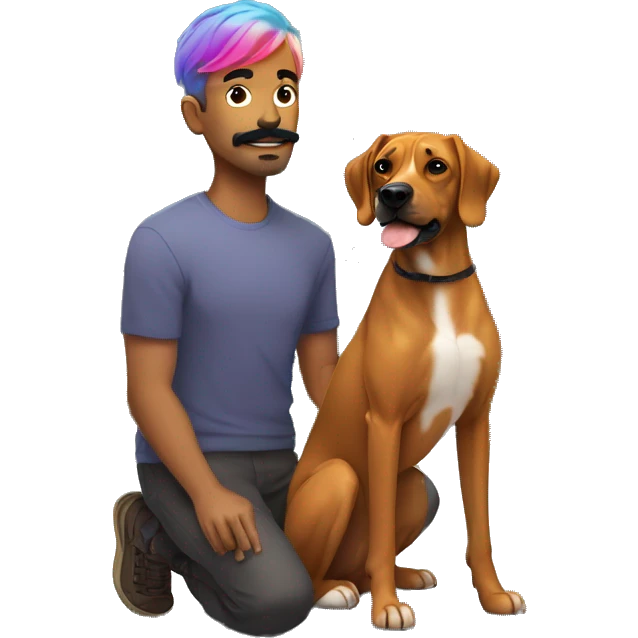 white man with rainbow colored hair and curled mustache standing alongside a brown rhodesian ridgeback dog emoji