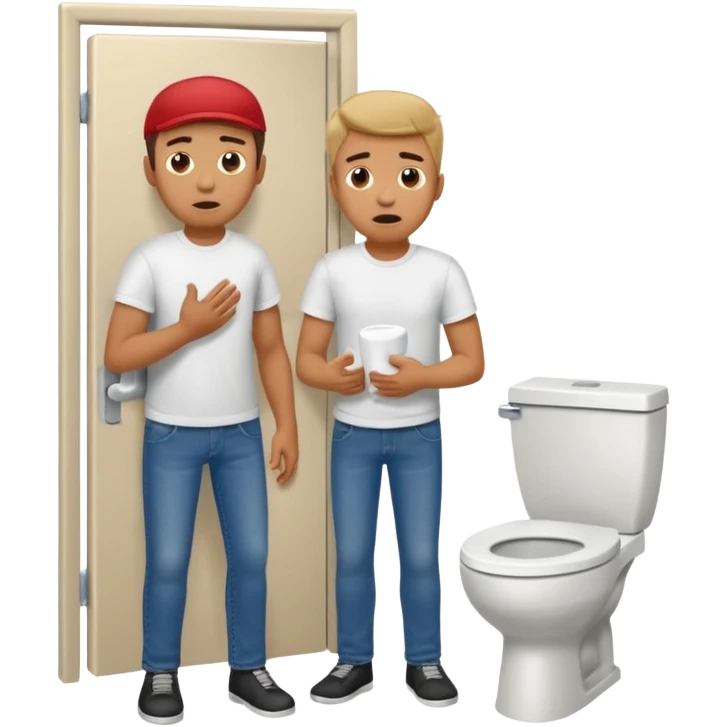 Man using the toilet while the other man is banging on the door begging holding it emoji