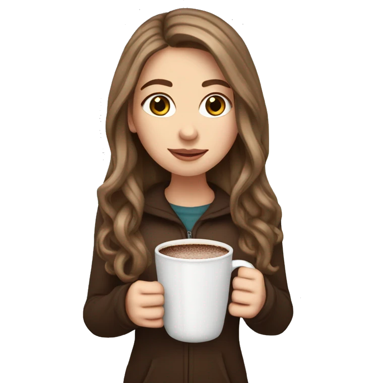 white girl with brown long hair and a hot chocolate emoji