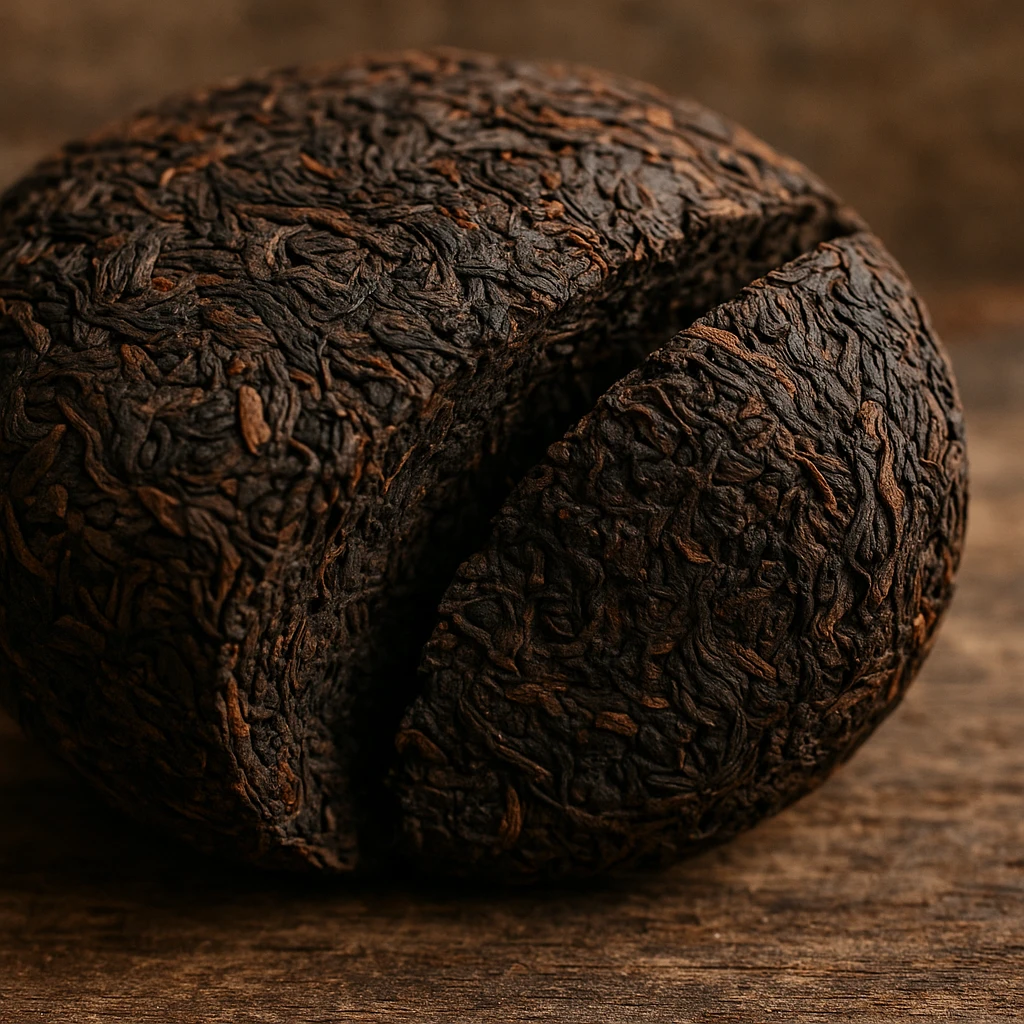 a sliced pu-erh tea cake showing the dense, dark interior emoji
