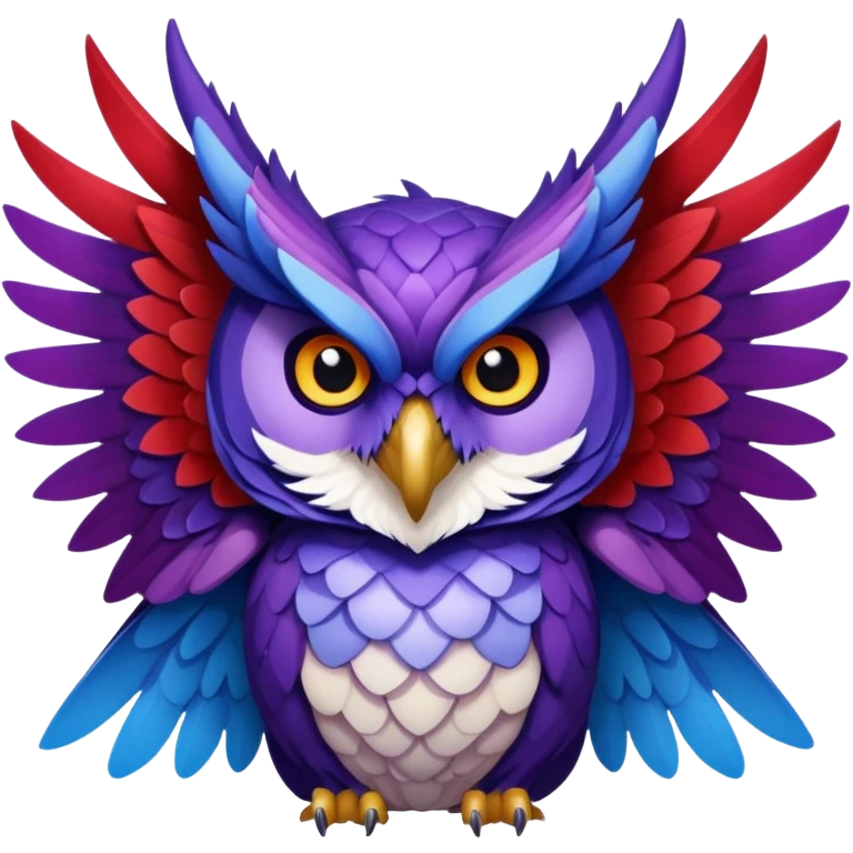 Owl dragon hybrid with wings front facing dark purple and blue and red emoji