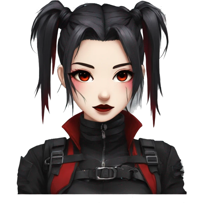 Gorgeous gothic dark techwear anime style lady with blushing face aesthetic and pretty edgy black red punk messy ponytail hair with collar and harness trending style emoji