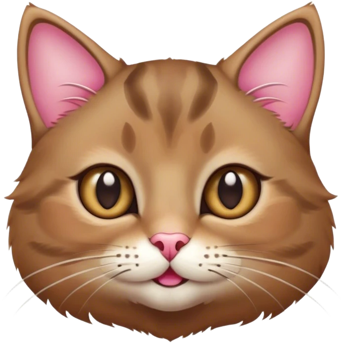 A soft, fluffy brown cat face with big round eyes, tiny whiskers, and a small pink nose. The ears are perked up, and the cat has a playful or mischievous smile. emoji