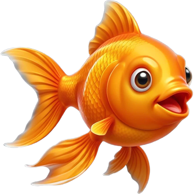 Cinematic Comical Orange Goldfish Portrait Emoji, Head tilted dramatically with an exaggeratedly amused expression, featuring a striking, glossy orange body with lively, fluttering fins, wide, expressive golden eyes filled with playful disbelief, Simplified yet hilariously expressive features, highly detailed, glowing with a slightly sassy glow, high shine, dramatic yet playful, stylized with an air of cheeky mischief, bright and endearing, soft glowing outline, capturing the essence of a spirited and over-the-top goldfish, so meme-worthy it feels like it could side-eye its way into internet fame instantly! emoji