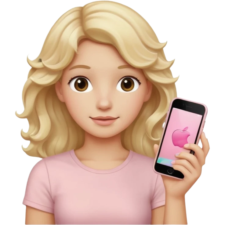 close up of a pastel pink iPhone to the ear, wavy blonde hair, beige top, iOS Apple emoji style emoji