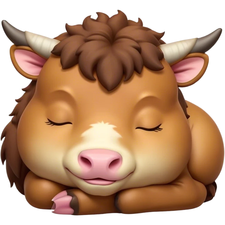 Meme-Worthy Cute Sleeping Domestic Ox Portrait Emoji, Head resting peacefully with a contented smile, showcasing a massive, sturdy build and a luxuriously soft hide, eyes gently closed in serene, restful slumber, Simplified yet hilariously adorable features, highly detailed, glowing with a soft, drowsy natural light, high shine, relaxed and utterly lovable, stylized with an air of playful laziness, soft glowing outline, capturing the essence of a sleeping ox that feels destined to become the next viral sensation of adorable rest! emoji