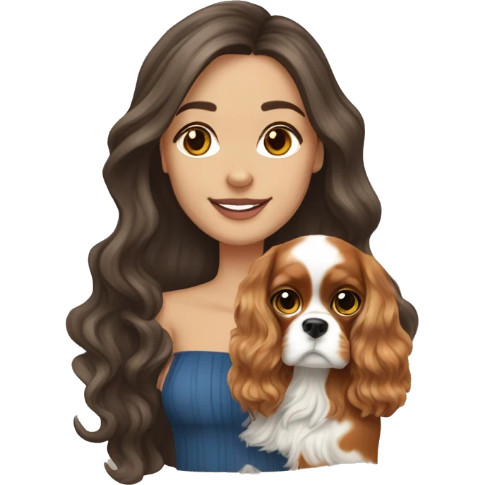 Pretty white brunette long wavy hair girl, holding a cute cavalier King Charles spaniel dog with short ears wavy fur emoji