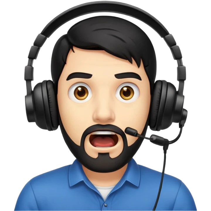 Very shocked man with wide eyes, open mouth, black hair, brown eyes, black beard wearing a gaming headset emoji