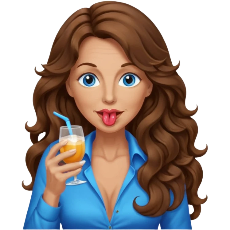 Extra Long wavy hair, brown hair, blue eyes Caucasian, age 50, sexy clothes, boobies, licking emoji