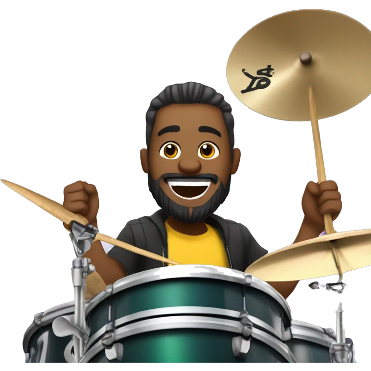Imagine a Brazilian drummer with tied hair and a beard, laughing and celebrating while playing drums in a live broadcast. The logo "GG Lukas Drummer" should appear in the background of the image. emoji
