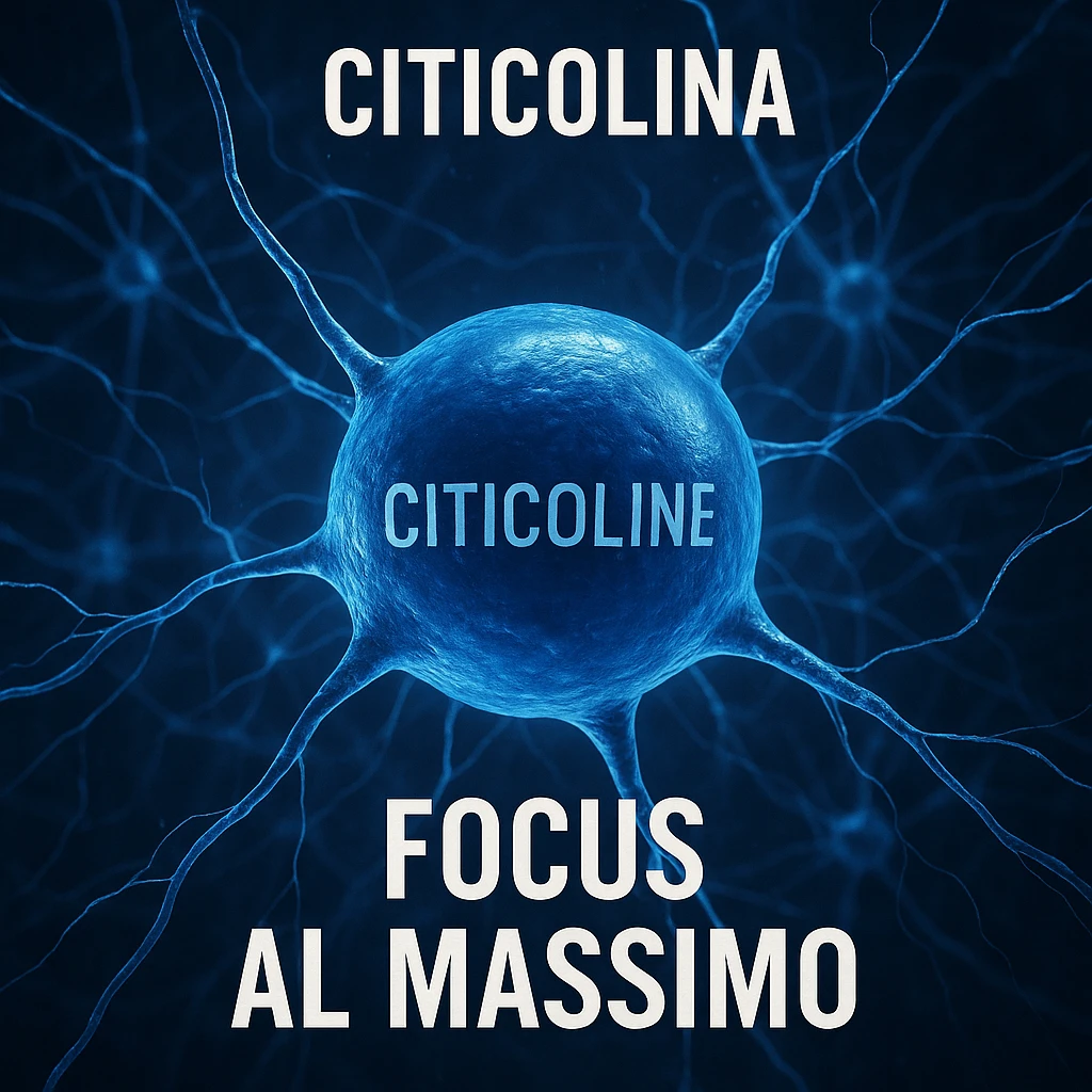 Citicolina come neurotrasmettitore chiave per il focus, iper realistico, molecola blu che attiva connessioni neurali, scritta 'Focus al massimo', atmosfera motivazionale, dettagli realistici emoji