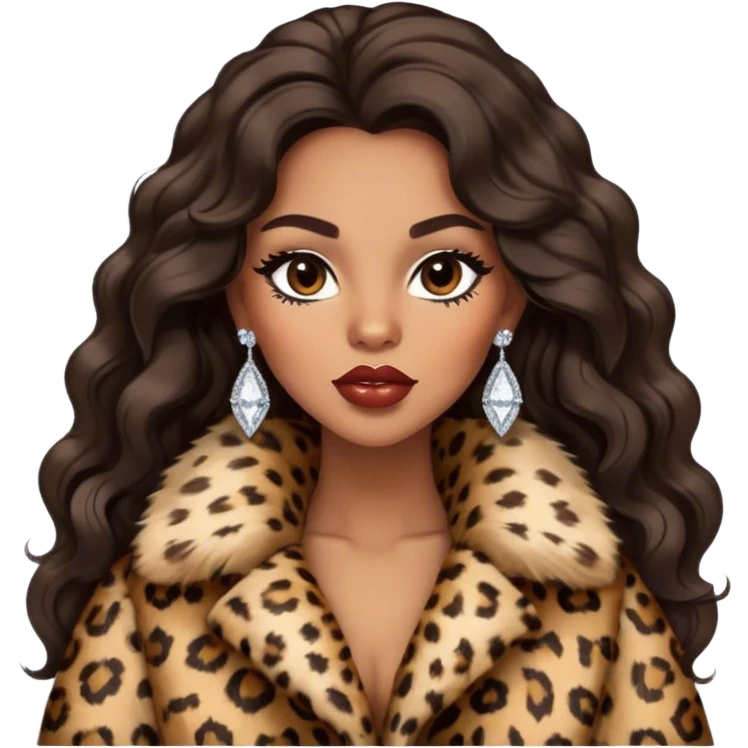 light brown skin tone, very beautiful woman, with big plump lips, long long lashes, black wavy long hair, brown eyes, leopard fur coat, diamond earrings emoji