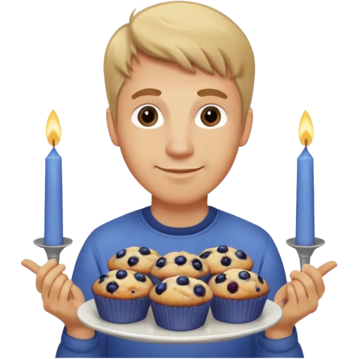 It is my friend virginias birthday. Create emoji with me saying happy birthday Virginia while holding blueberry muffins with candles in them! I am a white man make the emoji with dirty blonde hair  emoji