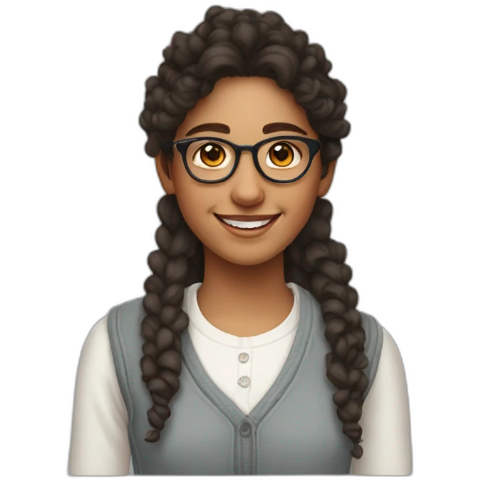 smiling indian teenage girl with curly hair and glasses wearing a collared long sleeve white shirt under a white sweatervest emoji