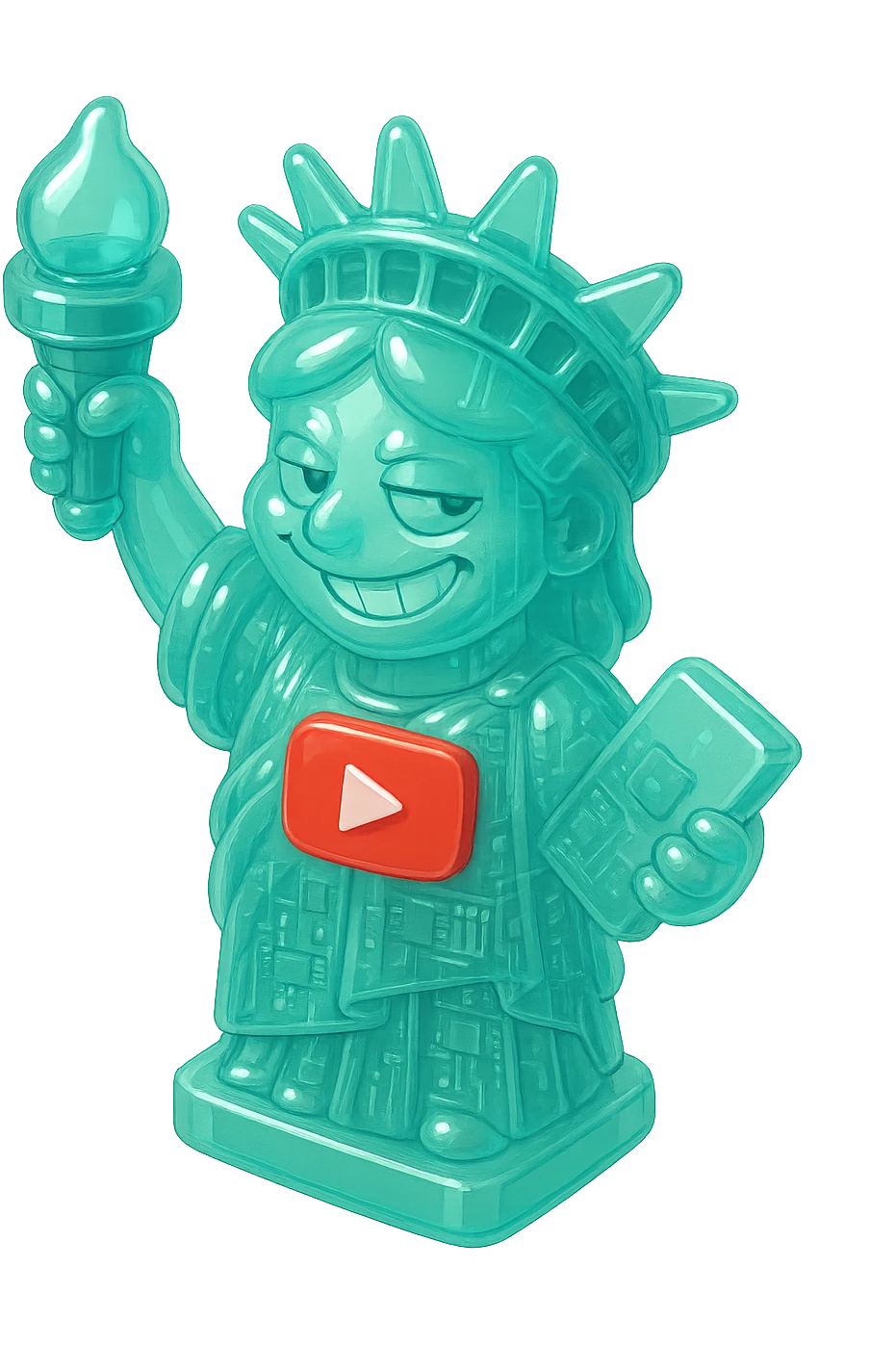 Statue of Liberty with a playful sarcastic grin, red YouTube play button, glossy circuit style emoji