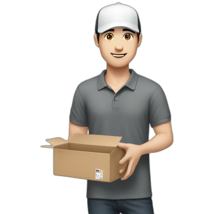 Pale skinned Man with black hair in a white cap and dark gray polo T-shirt keeping a box into his hands emoji