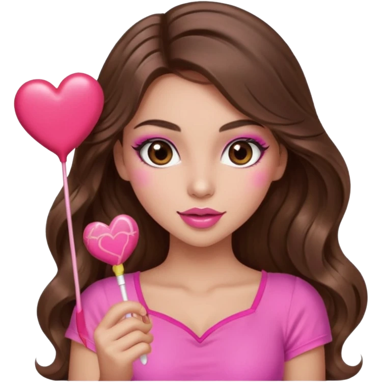 girl with long wavy brown hair, brown eyes, long lashes makeup, sexy pink lips, light to medium complexion, wearing a pink sexy top,, heart lillipop emoji