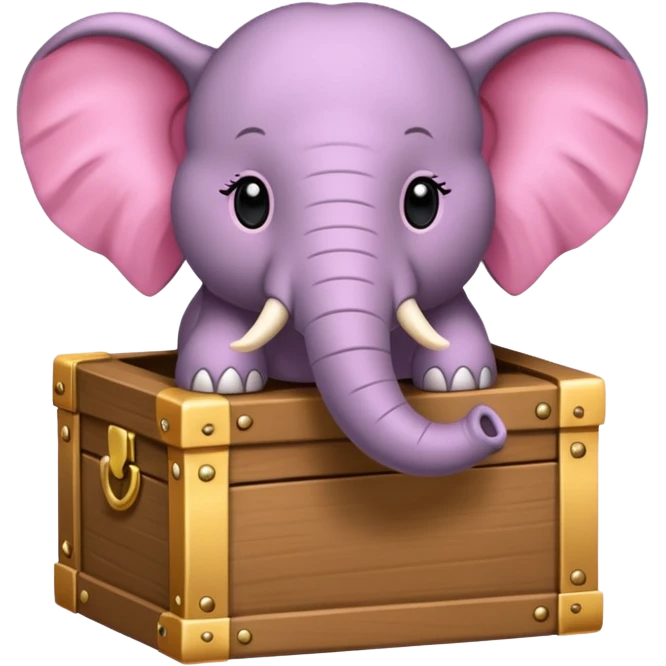 Une boite à trésor ouverte, avec un éléphant rose qui sort sa tête emoji